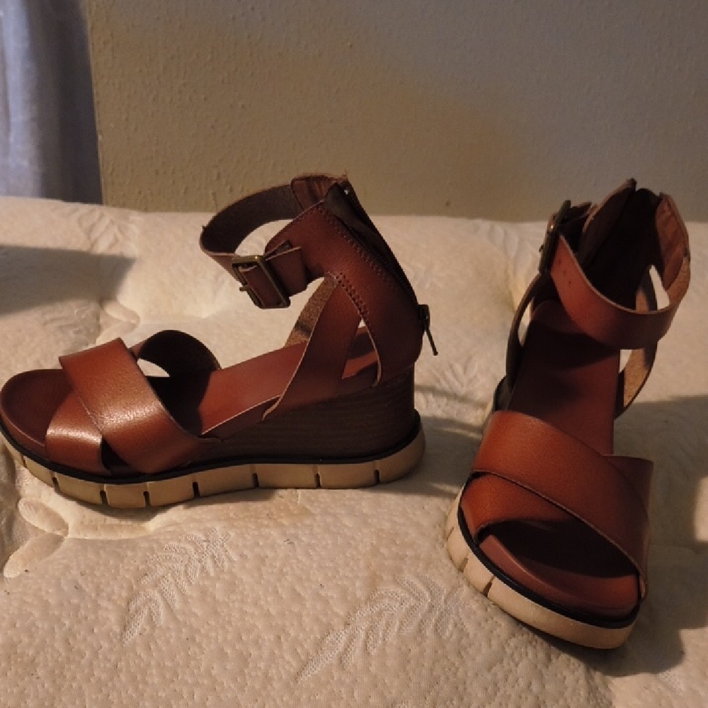 MIA Brown Leather Wedge Sandals with Ankle Straps